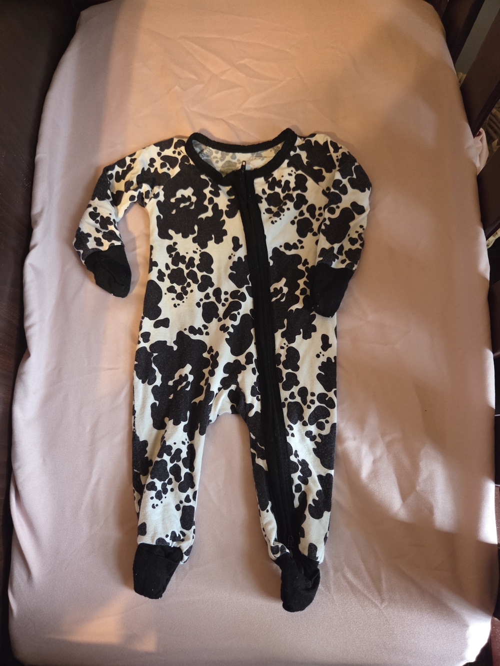 Black & White Cow Print Baby One-Piece Zipper Footed Pajamas